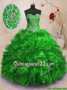 Best Selling Sleeveless Sweep Train Beading and Ruffles Lace Up Quinceanera Gown