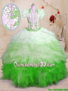 Dazzling Sleeveless With Train Beading and Appliques and Ruffles Lace Up Quince Ball Gowns with Multi-color Brush Train