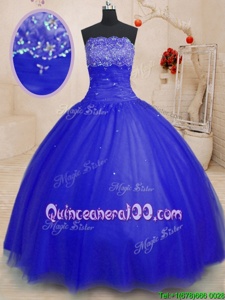 Custom Designed Royal Blue Ball Gowns Tulle Strapless Sleeveless Beading Floor Length Lace Up 15 Quinceanera Dress