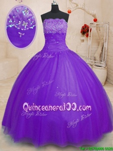 Perfect Strapless Sleeveless Tulle Sweet 16 Dresses Beading Lace Up