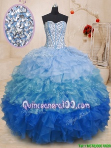 Shining Sweetheart Sleeveless Lace Up Quince Ball Gowns Multi-color Organza
