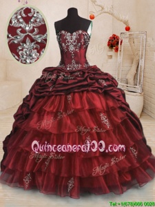 Unique Pick Ups Ruffled Sweep Train Ball Gowns Sweet 16 Dresses Wine Red Sweetheart Organza and Taffeta Sleeveless With Train Lace Up