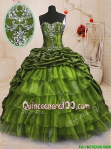 Pretty Pick Ups Ruffled With Train Ball Gowns Sleeveless Olive Green Quinceanera Dresses Sweep Train Lace Up