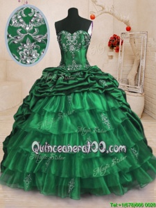 Dark Green Organza and Taffeta Lace Up Sweetheart Sleeveless With Train Quinceanera Gowns Sweep Train Beading and Appliques and Ruffled Layers and Pick Ups