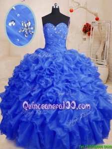 Super Royal Blue Ball Gowns Sweetheart Sleeveless Organza Floor Length Lace Up Beading and Ruffles 15th Birthday Dress