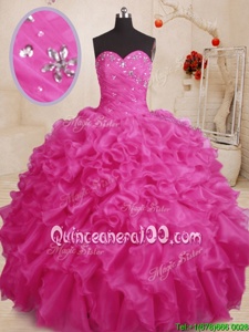 Exceptional Floor Length Lace Up Vestidos de Quinceanera Hot Pink and In forMilitary Ball and Sweet 16 and Quinceanera withBeading and Ruffles