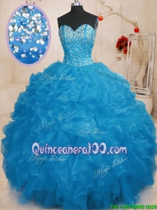 Glittering Beading and Ruffles 15th Birthday Dress Blue Lace Up Sleeveless Floor Length