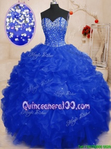 Wonderful Royal Blue Organza Lace Up Sweetheart Sleeveless Floor Length Sweet 16 Quinceanera Dress Beading and Ruffles