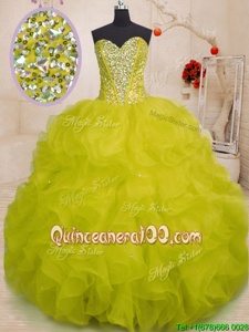 Simple Yellow Green Ball Gowns Organza Sweetheart Sleeveless Beading and Ruffles Floor Length Lace Up Vestidos de Quinceanera