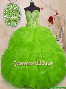 Spring Green Sleeveless Floor Length Beading and Ruffles Lace Up Sweet 16 Dresses