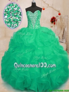 Decent Green Organza Lace Up 15 Quinceanera Dress Sleeveless Floor Length Beading and Ruffles