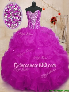 High Class Fuchsia Organza Lace Up Ball Gown Prom Dress Sleeveless Floor Length Beading and Ruffles