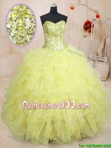 Lovely Light Yellow Sleeveless Floor Length Beading and Ruffles Lace Up Sweet 16 Quinceanera Dress