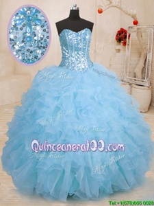 Unique Beading and Ruffles Sweet 16 Dresses Baby Blue Lace Up Sleeveless Floor Length