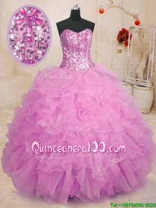 Cute Lilac Ball Gowns Beading and Ruffles Sweet 16 Dress Lace Up Organza Sleeveless Floor Length