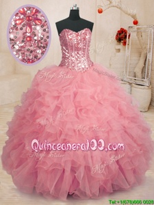 Fabulous Organza Sweetheart Sleeveless Lace Up Beading and Ruffles Sweet 16 Dresses inBaby Pink