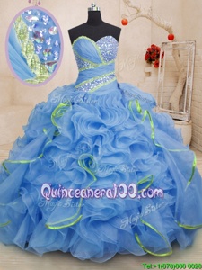 Romantic Light Blue Organza Lace Up Ball Gown Prom Dress Sleeveless With Brush Train Beading and Ruffles