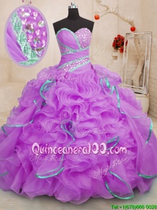 Discount Lilac Organza Lace Up Sweetheart Sleeveless With Train Quinceanera Gowns Brush Train Beading and Ruffles