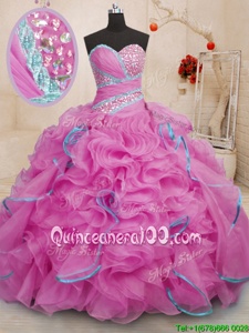Adorable Rose Pink Lace Up Sweetheart Beading and Ruffles Quince Ball Gowns Organza Sleeveless Brush Train