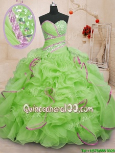Elegant Spring Green Lace Up 15 Quinceanera Dress Beading and Ruffles Sleeveless With Brush Train