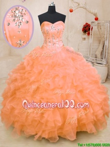 Traditional Orange Sweetheart Neckline Beading and Ruffles Ball Gown Prom Dress Sleeveless Lace Up