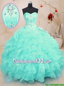 Turquoise Ball Gowns Organza Sweetheart Sleeveless Beading and Ruffles Floor Length Lace Up Quinceanera Gowns
