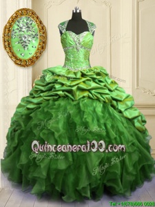 Discount Spring Green Ball Gowns Beading and Ruffles and Pick Ups Quinceanera Gowns Lace Up Organza and Taffeta Cap Sleeves Floor Length