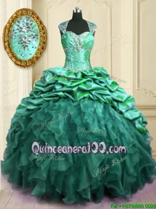Unique Pick Ups Brush Train Ball Gowns Sweet 16 Dresses Turquoise Sweetheart Organza and Taffeta Cap Sleeves With Train Lace Up