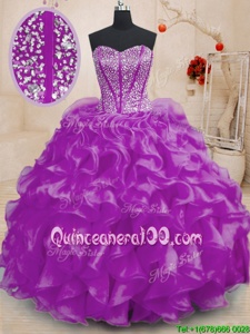 Edgy Sweetheart Sleeveless Lace Up Quinceanera Gown Purple Organza