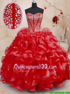 Custom Designed Red Ball Gowns Sweetheart Sleeveless Organza Floor Length Lace Up Beading and Ruffles Quinceanera Gown