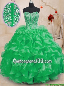 Fantastic Sleeveless Organza Floor Length Lace Up Quinceanera Dress inSpring Green forSpring and Summer and Fall and Winter withBeading and Ruffles