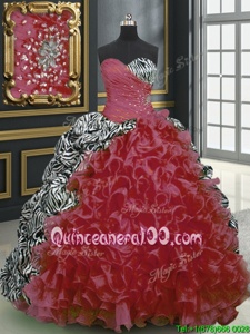 Fine Printed Sleeveless With Train Beading and Ruffles and Pattern Lace Up Sweet 16 Dress with Multi-color Brush Train