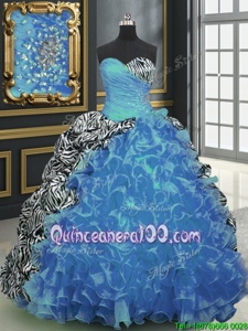 Superior Printed Multi-color Sweetheart Neckline Beading and Ruffles and Pattern 15th Birthday Dress Sleeveless Lace Up