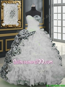 Printed Sleeveless With Train Beading and Ruffles and Pattern Lace Up Sweet 16 Dress with White And Black Brush Train