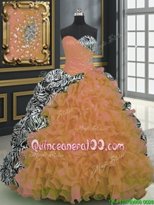 Traditional Spring and Summer and Fall and Winter Organza and Printed Sleeveless With Train Vestidos de Quinceanera Brush Train andBeading and Ruffles and Pattern