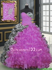 Suitable Multi-color Ball Gowns Beading and Ruffles and Pattern Quinceanera Dress Lace Up Organza and Printed Sleeveless With Train
