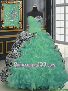 Cheap Multi-color Lace Up Sweetheart Beading and Ruffles and Pattern 15 Quinceanera Dress Organza and Printed Sleeveless Brush Train