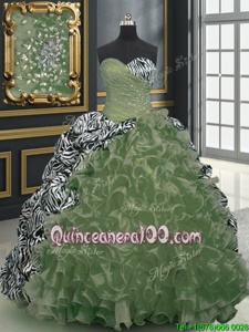 Great Sweetheart Sleeveless Quinceanera Gowns With Brush Train Beading and Ruffles and Pattern Multi-color Organza and Printed