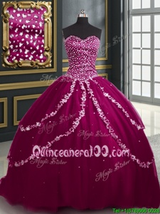 Trendy Sleeveless Brush Train Beading and Appliques Lace Up 15 Quinceanera Dress