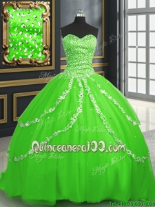 Fabulous Spring Green Tulle Lace Up Sweetheart Sleeveless With Train Quince Ball Gowns Brush Train Beading and Appliques