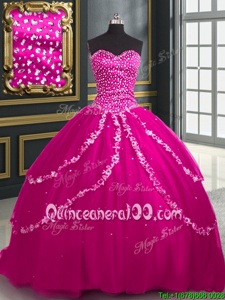 Custom Fit Sweetheart Sleeveless 15 Quinceanera Dress With Brush Train Beading and Appliques Fuchsia Tulle