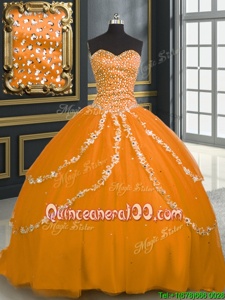Stylish Orange Sweetheart Lace Up Beading and Appliques 15th Birthday Dress Brush Train Sleeveless
