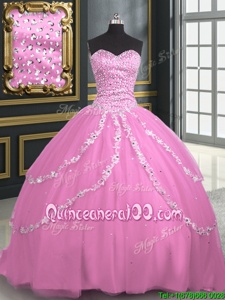 Perfect With Train Rose Pink Quinceanera Gowns Tulle Brush Train Sleeveless Spring and Summer and Fall and Winter Beading and Appliques