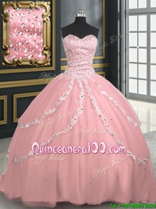 Customized With Train Ball Gowns Sleeveless Pink Ball Gown Prom Dress Brush Train Lace Up