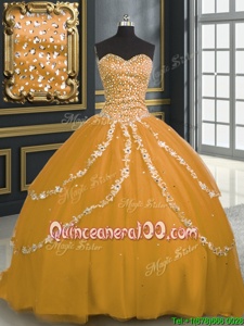 Amazing Sleeveless Brush Train Lace Up With Train Beading and Appliques Ball Gown Prom Dress