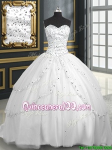 Fine Sleeveless Brush Train Beading and Appliques Lace Up Ball Gown Prom Dress