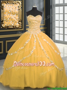 Top Selling Gold Lace Up 15 Quinceanera Dress Beading and Appliques Sleeveless With Brush Train