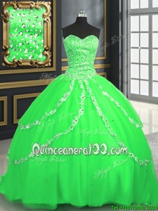 High Quality Spring Green Sleeveless With Train Beading and Appliques Lace Up Ball Gown Prom Dress