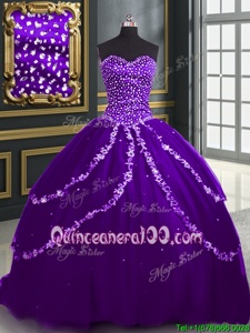 Classical Purple Sweet 16 Dresses Military Ball and Sweet 16 and Quinceanera and For withBeading and Appliques Sweetheart Sleeveless Brush Train Lace Up