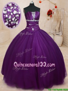 Floor Length Lace Up Vestidos de Quinceanera Eggplant Purple and In forMilitary Ball and Sweet 16 and Quinceanera withBeading